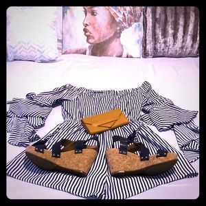 Off the shoulder stripped romper